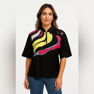 JAMIE SADOCK Slinky Crinkle  1/2 Zip Golf Athletic Top 3/4 Sleeve Neon Art Small